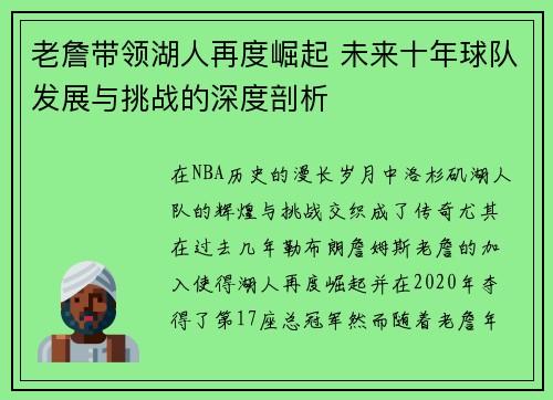 老詹带领湖人再度崛起 未来十年球队发展与挑战的深度剖析