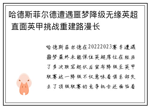 哈德斯菲尔德遭遇噩梦降级无缘英超 直面英甲挑战重建路漫长